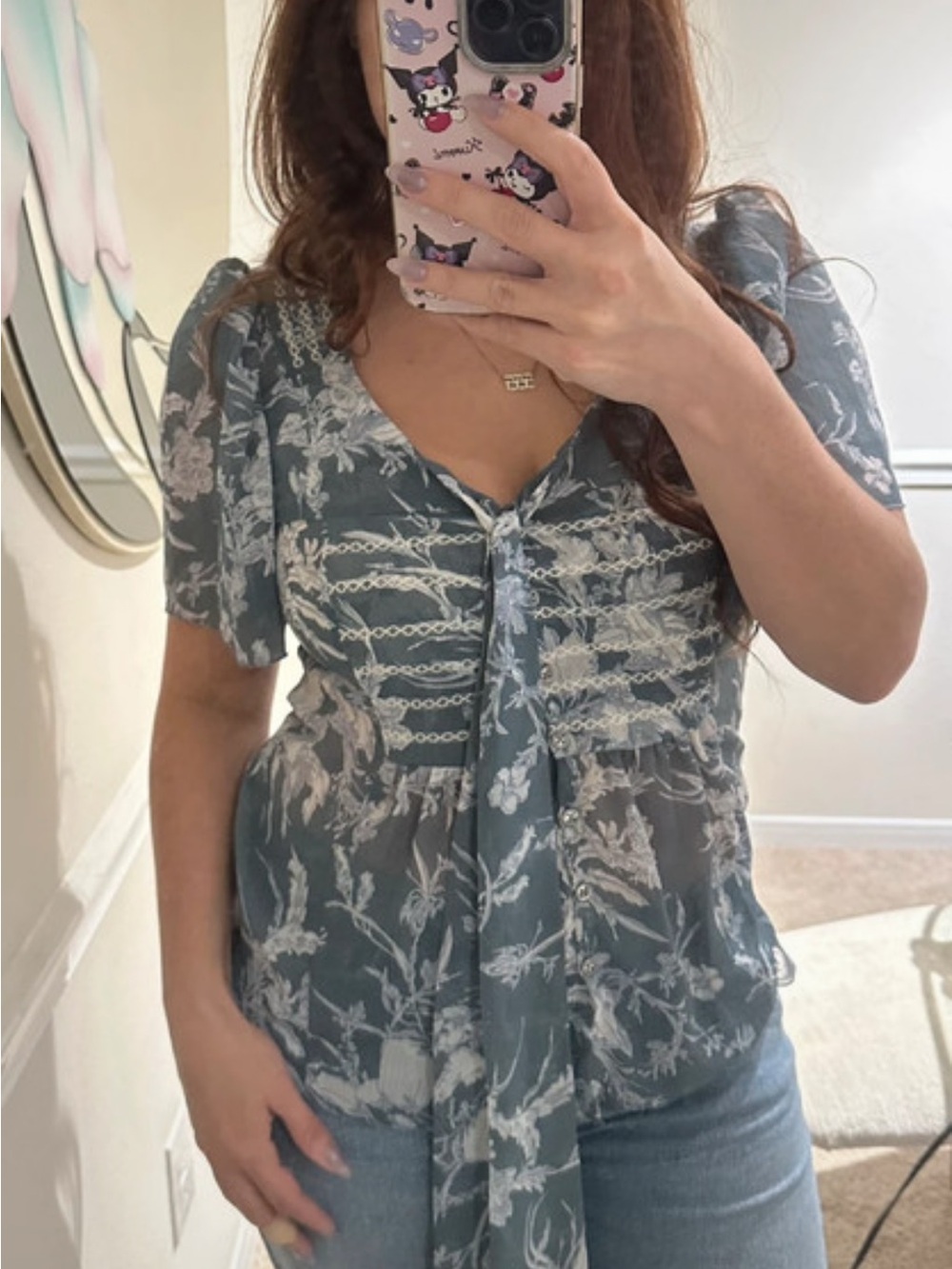 Floral Tie-Front Puff Sleeve Blouse in Dusty Teal